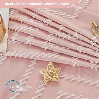 Siiluminisoy Extra Long Pink Boho Shower Curtain with White Tassel, Woven Fabric Cute Shower Curtain, Tufted Chevron Striped, 72 x 78, Modern Chic Textured Minimalist Bathroom Shower Curtain