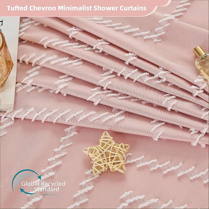 Siiluminisoy Pink Boho Shower Curtain White Tassel Woven Fabric Cute Shower Curtain 60 x 72 Modern Farmhouse Textured Tufted Chevron Striped Minimalist for Bathroom