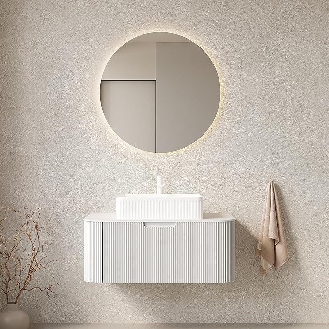 Yayzy 36" Floating Bathroom Vanity with Sink, Solid Wood Fluted Cabinet, White Fluted Square Ceramic Basin & Faux Marble Top, Soft-Close Drawer, Pre-Assembled, White