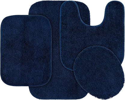 Garland Rug Traditional Nylon Washable Navy 4 Piece Set - Lid, Contour, 2 Bath Rugs - Soft, Absorbent, and Stylish for Your Bathroom