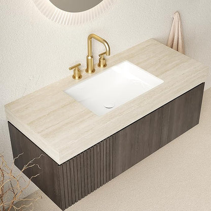 48" Floating Bathroom Vanity with Sink, Plywood Bathroom Vanities, Roma Travertine Sintered Stone Top and 3 Pre-drilled Faucet Holes Ceramic Basin, Pre-Assembled, Espresso Woodgrain