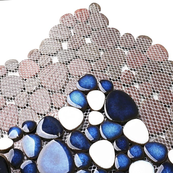 Pebble Ceramic Tiles 5 Sheets, Heart-Shaped 12x12 Floor Tile Ceramic, Dark Blue Mosaic Tiles Mesh Mounted, Waterproof Porcelain Tile Decorative for Kitchen Bath Backsplash Shower Floor Pool