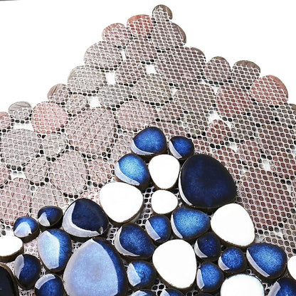 Pebble Ceramic Tiles 5 Sheets, Heart-Shaped 12x12 Floor Tile Ceramic, Dark Blue Mosaic Tiles Mesh Mounted, Waterproof Porcelain Tile Decorative for Kitchen Bath Backsplash Shower Floor Pool