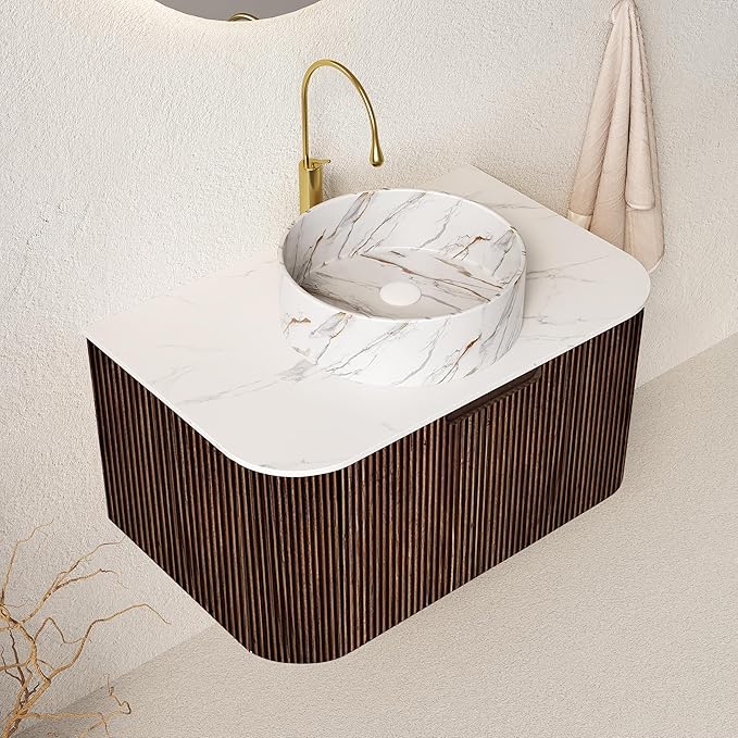 30'' Floating Vanity with Sink Combo, Modern Wall-Mounted Curved Edges Striped Bathroom Storage Cabinet with Soft-Close Drawer and White Stone Pattern Basin, Dark Walnut