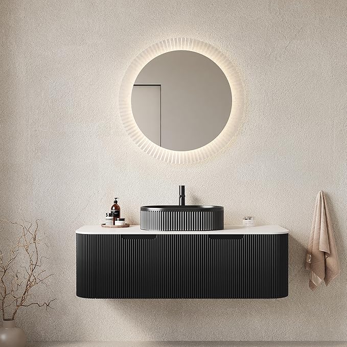 Yayzy 48" Floating Bathroom Vanity with Sink, Solid Wood Fluted Cabinet, Black Fluted Oval Ceramic Basin & Faux Marble Top, Soft-Close Drawer, Pre-Assembled, Gloss Black