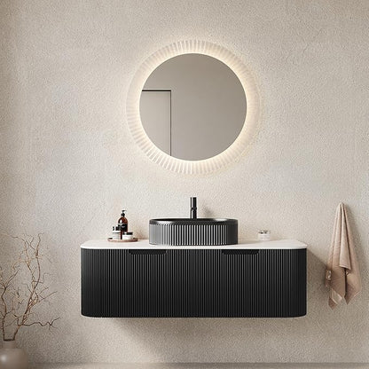 Yayzy 48" Floating Bathroom Vanity with Sink, Solid Wood Fluted Cabinet, Black Fluted Oval Ceramic Basin & Faux Marble Top, Soft-Close Drawer, Pre-Assembled, Gloss Black
