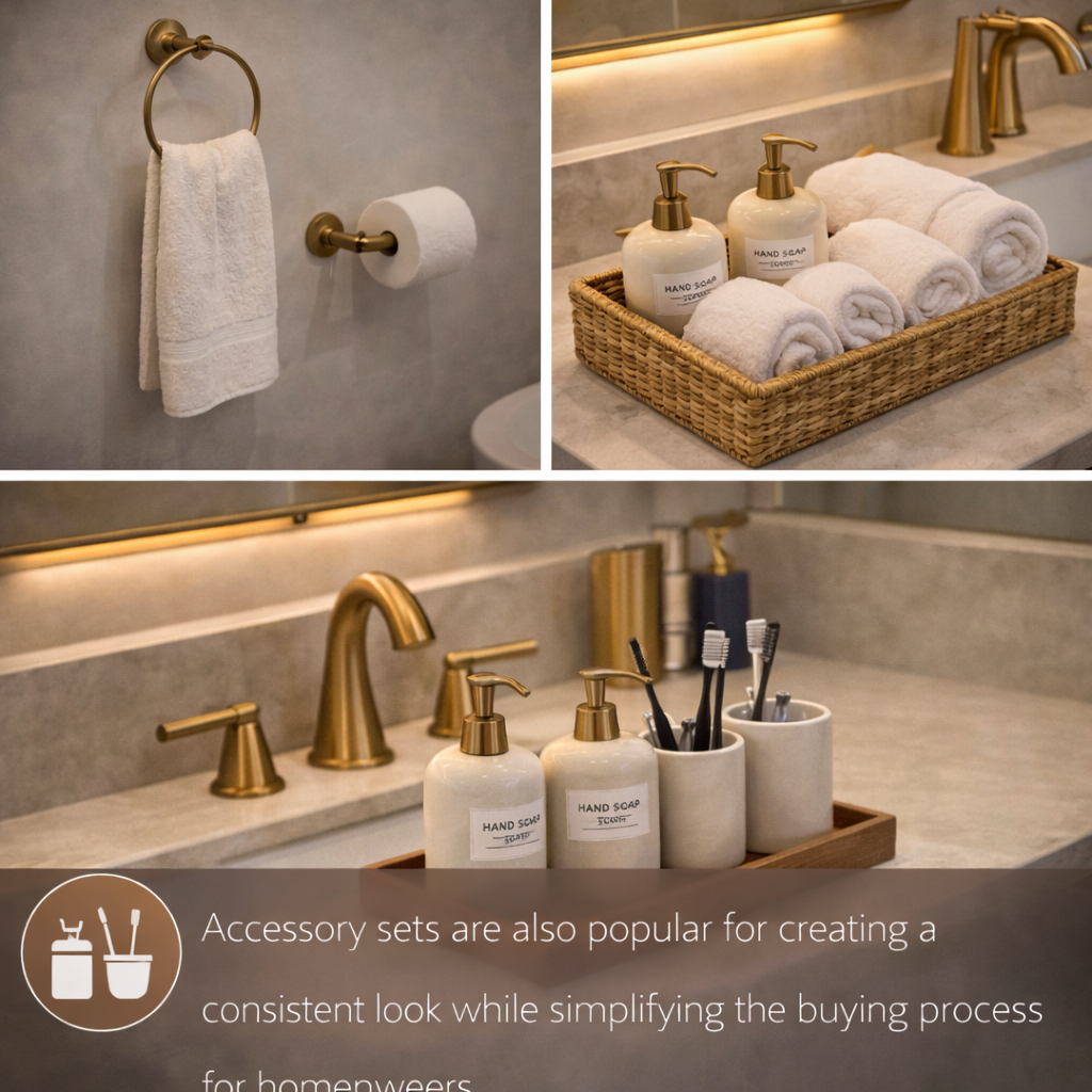 Bathroom accessories including towels, toiletries, and fixtures with a neutral color scheme.