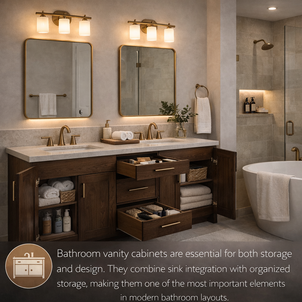 Modern bathroom with double vanity, mirrors, and bathtub.