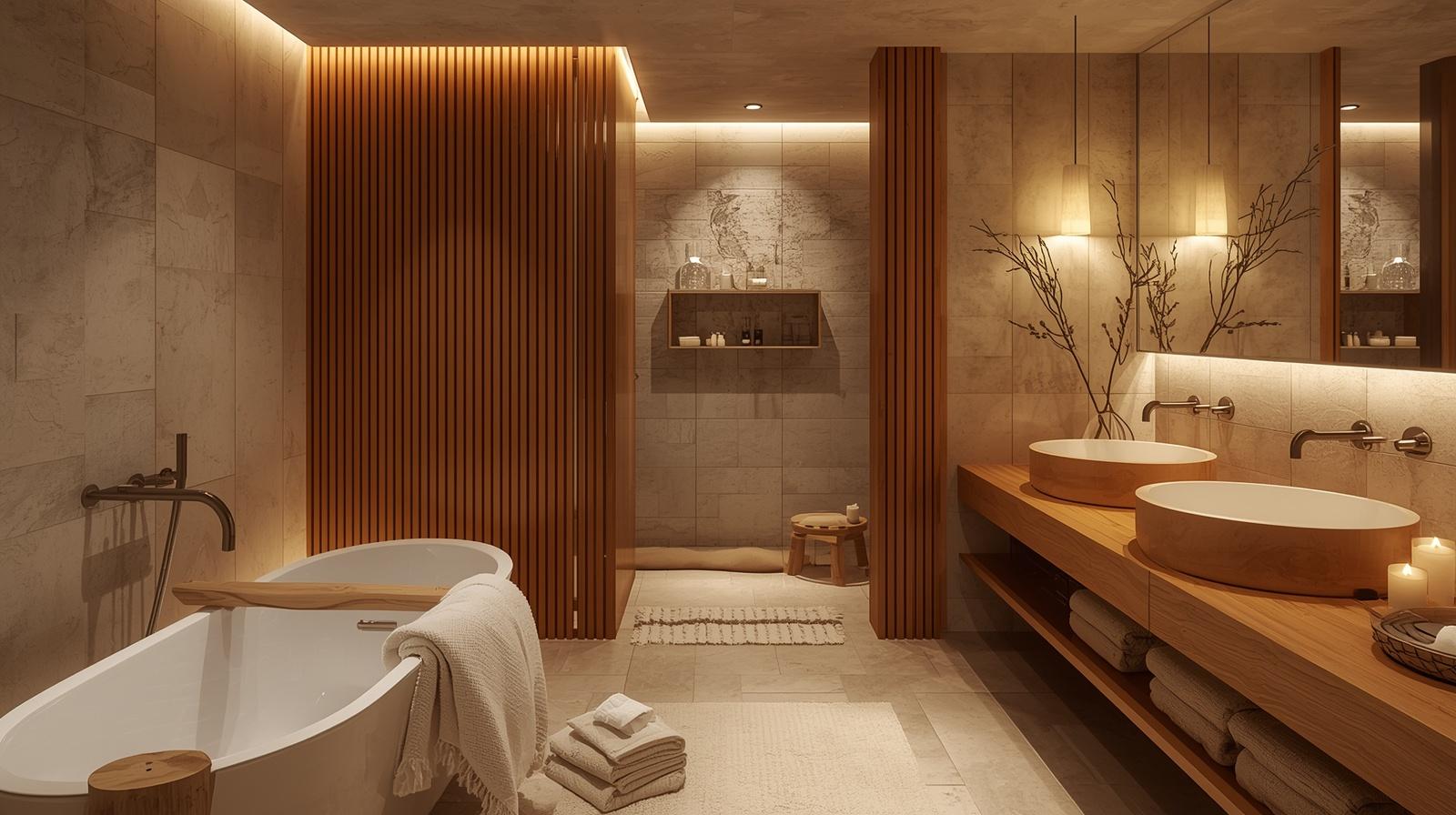 Modern bathroom with a bathtub, sink, and towel rack.