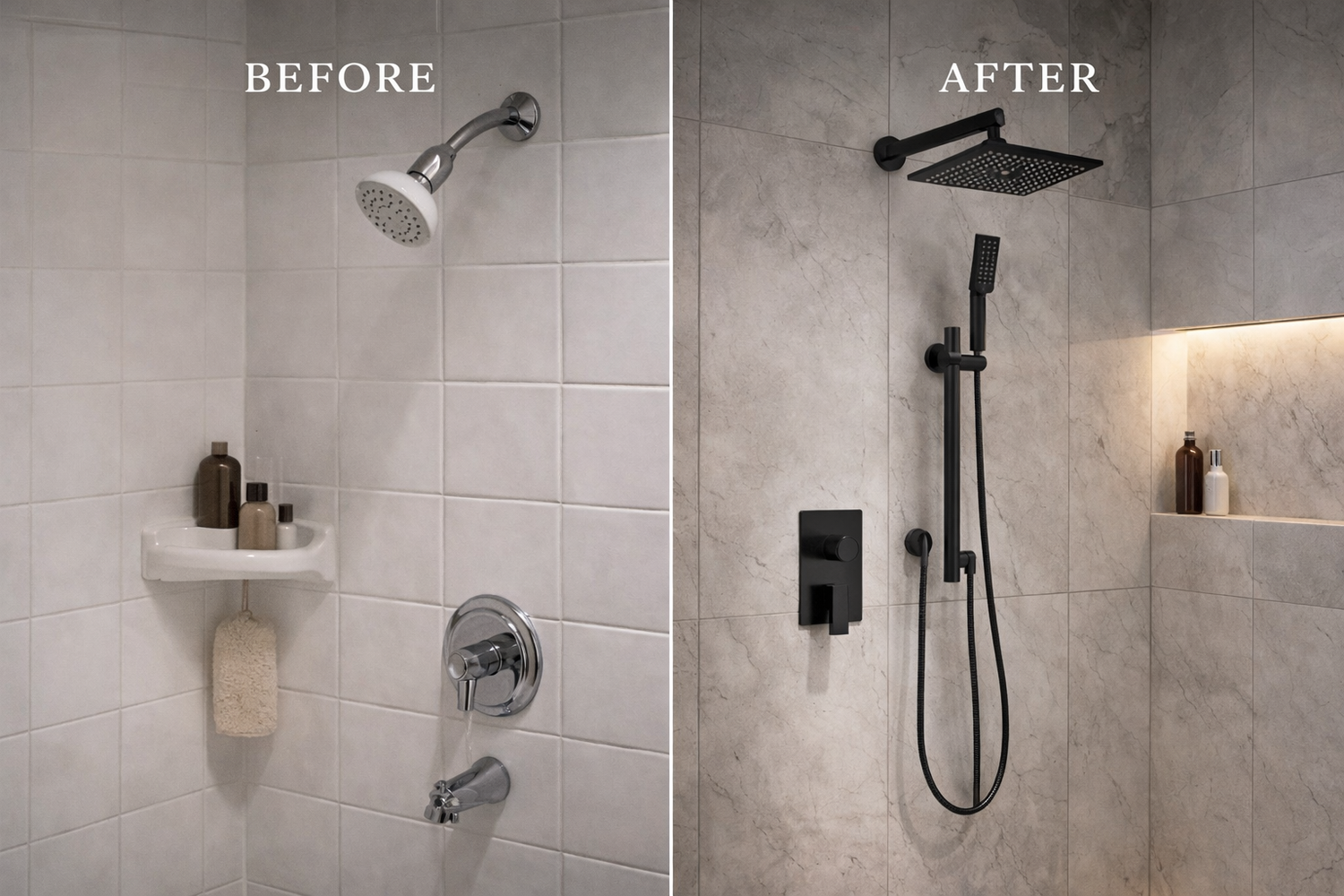 Before and after comparison of a shower setup with modern fixtures.