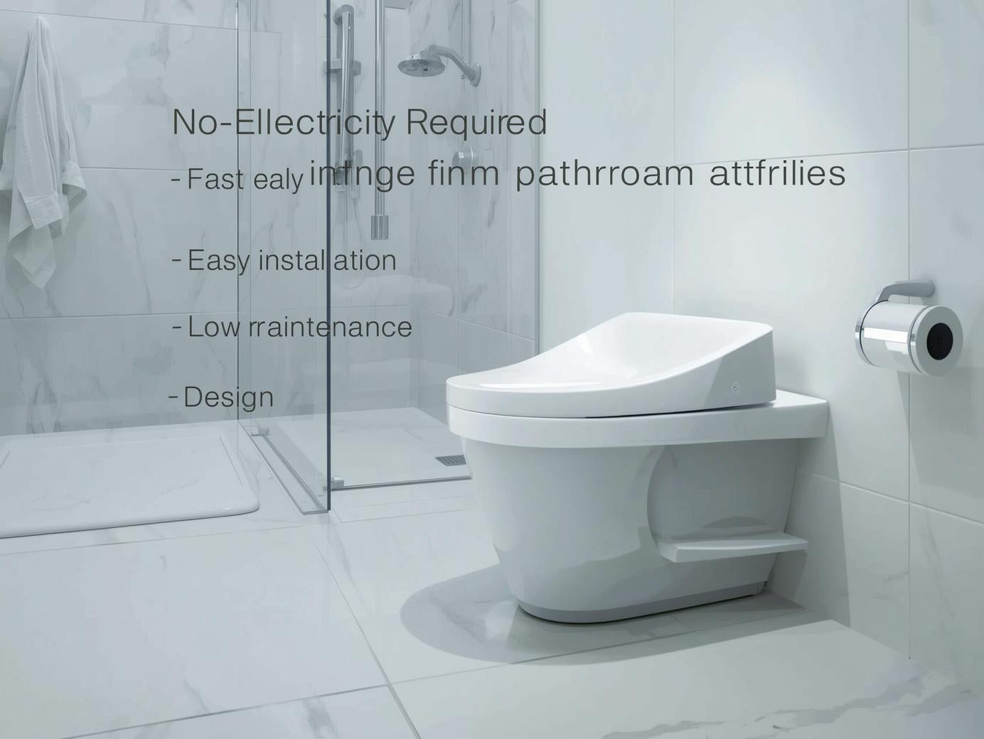 Modern toilet in a bathroom with text highlighting features