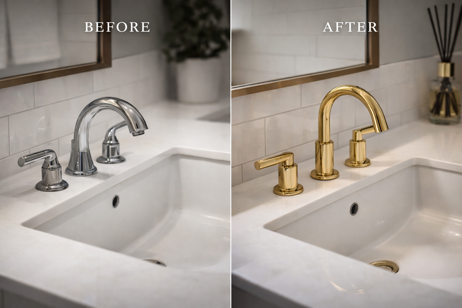 Before and after comparison of a bathroom sink with gold faucet