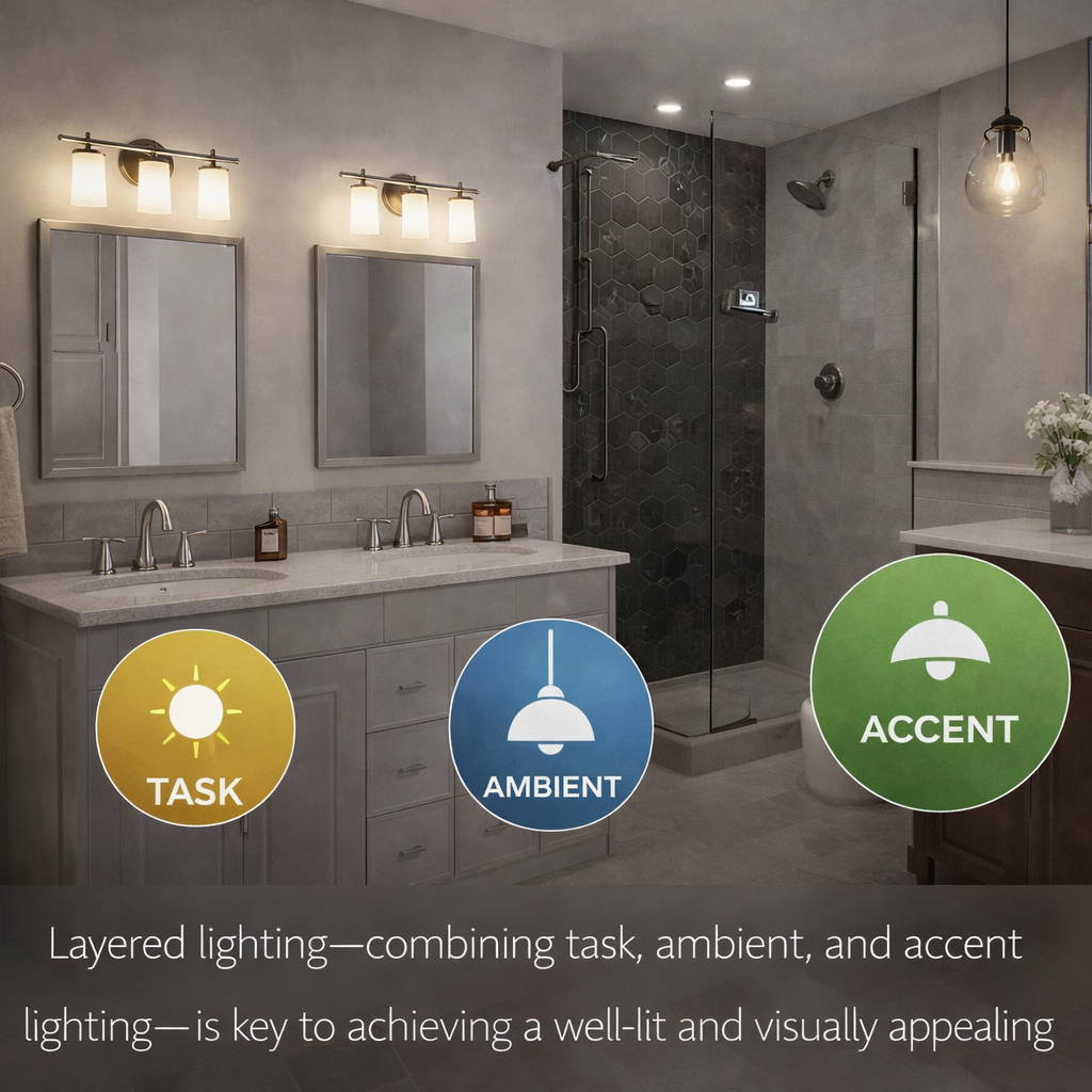 Bathroom with layered lighting system labeled as task, ambient, and accent.