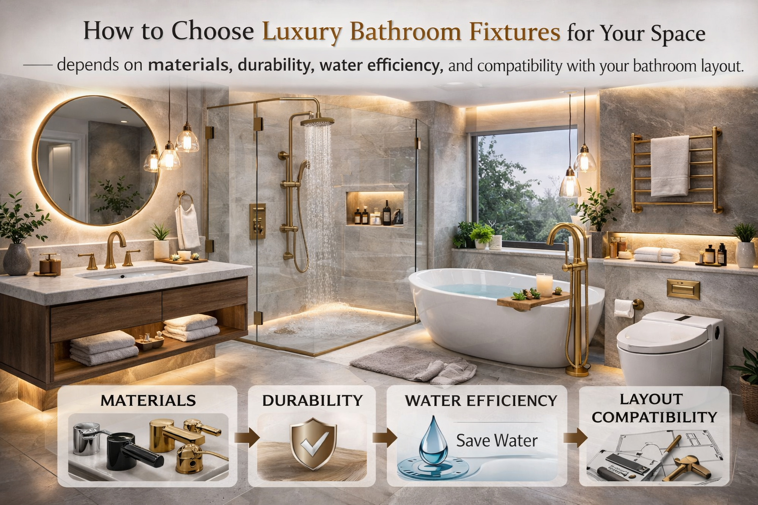 Luxury bathroom with modern fixtures and features, including a bathtub, sink, and shower.