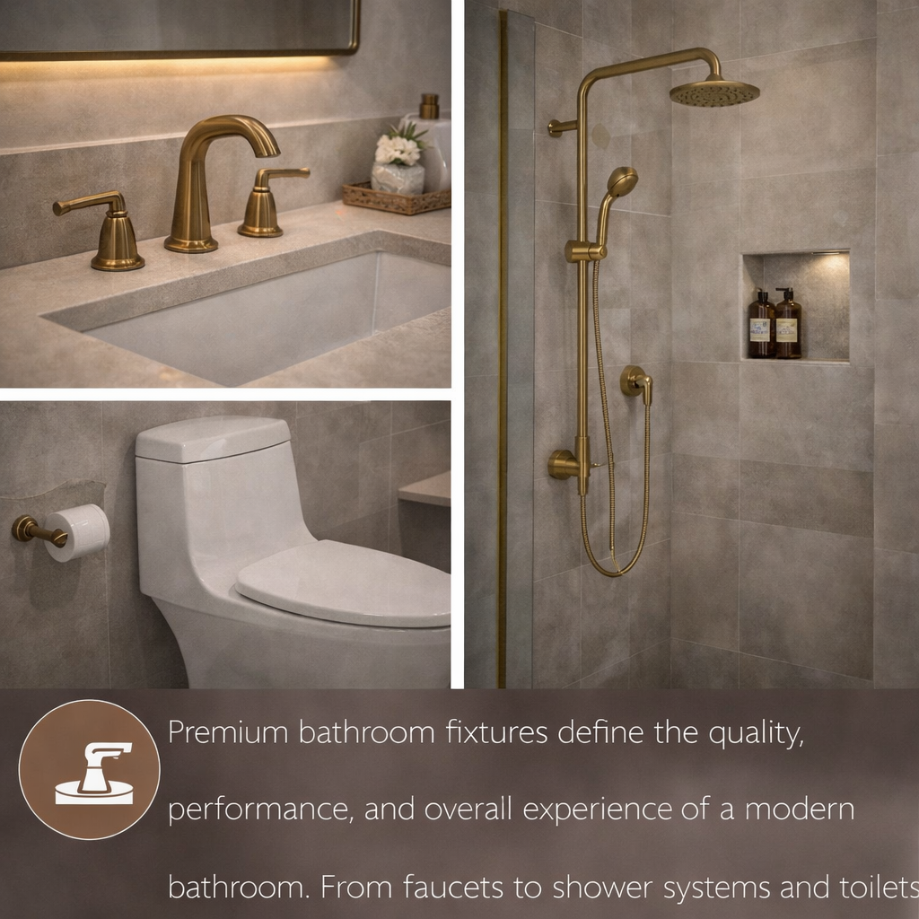 Bathroom fixtures including faucets, shower system, and toilet with gold hardware.