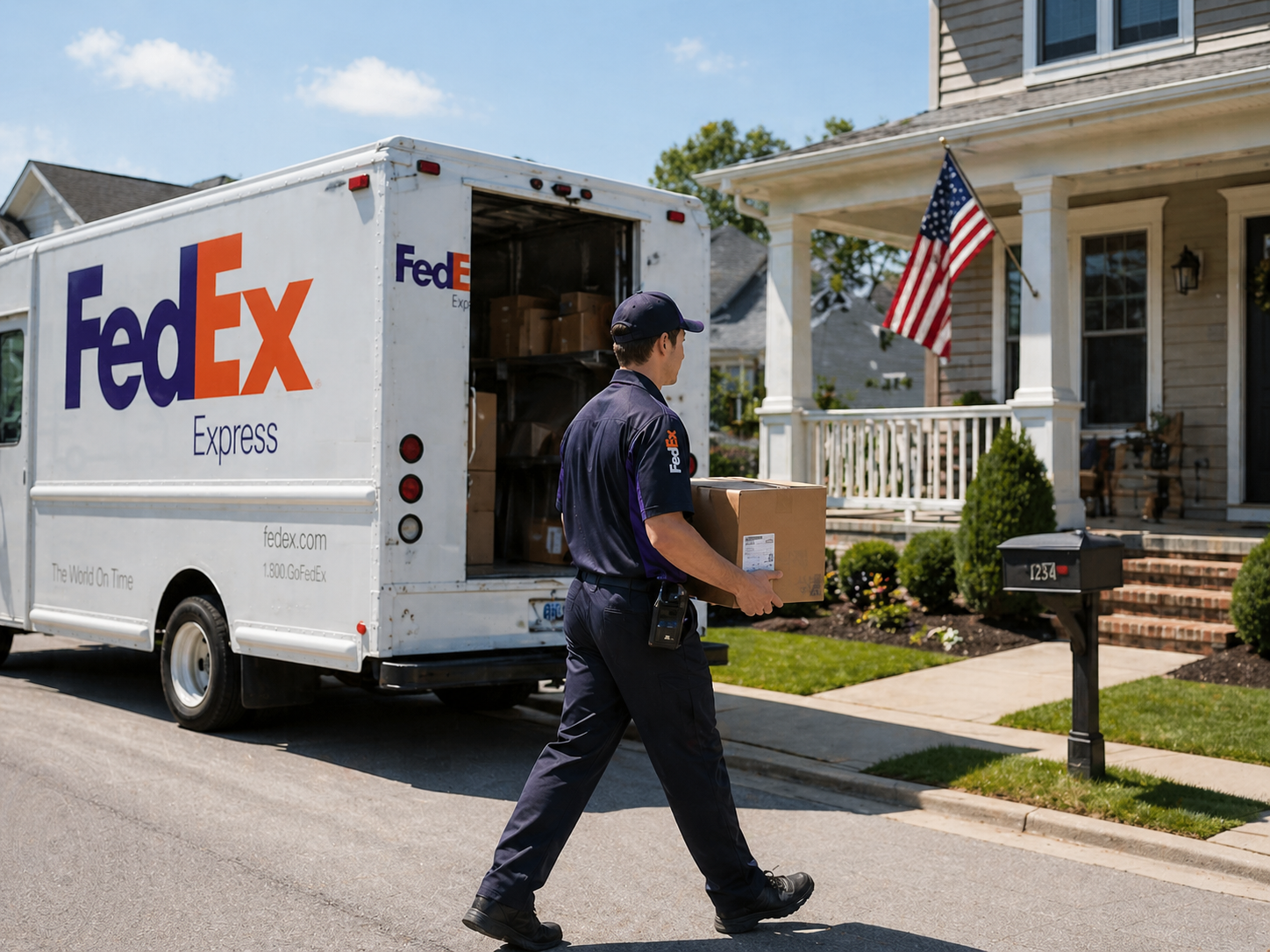 FedEx delivery driver with a package in front of a house