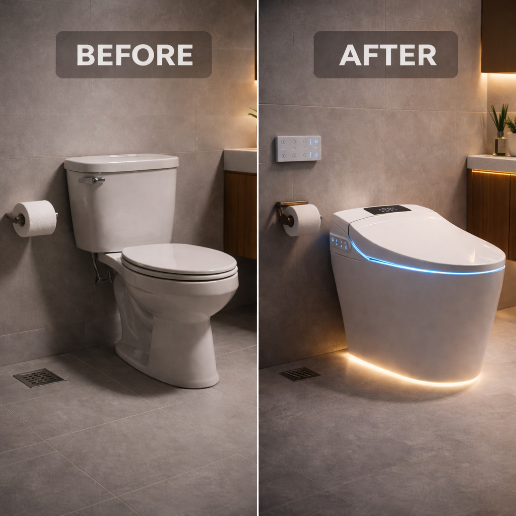 Before and after comparison of a toilet with modern smart toilet seat in a bathroom setting.